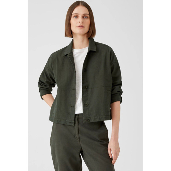 Eileen Fisher‎ Organic Cotton Hemp Jacket XL Green Utility Pockets Boxy Casual